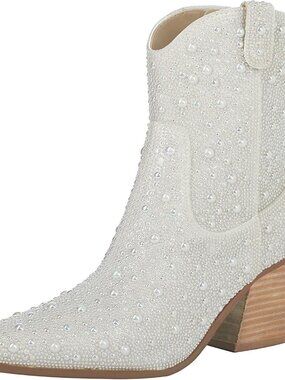 Women's Pearl White Rhinestone Boots Glitter Chunky Heel Sparkly Ankle Boots